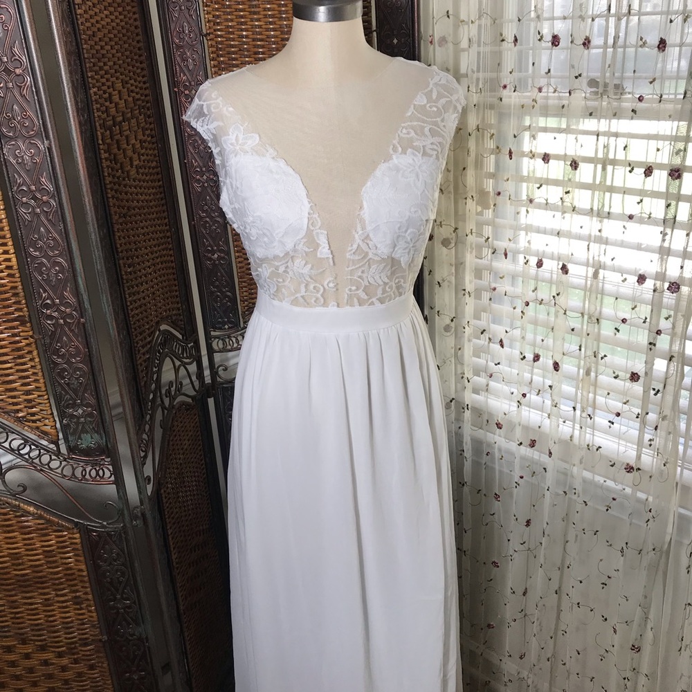 White Lace Bodice Maxi Dress with Plunging Illusion Neckline